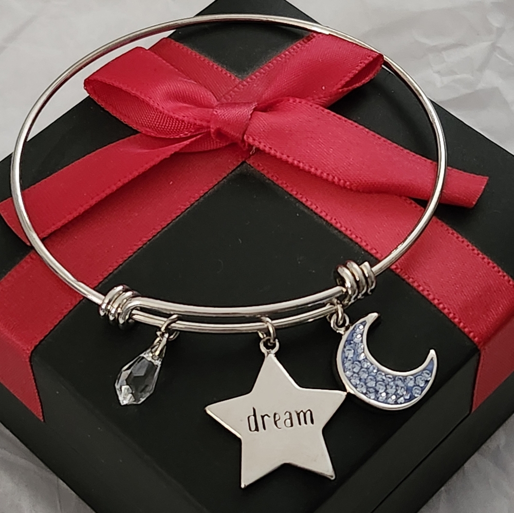 Truly Inspired Silver Bangle with Crystal, Star & Moon Charms